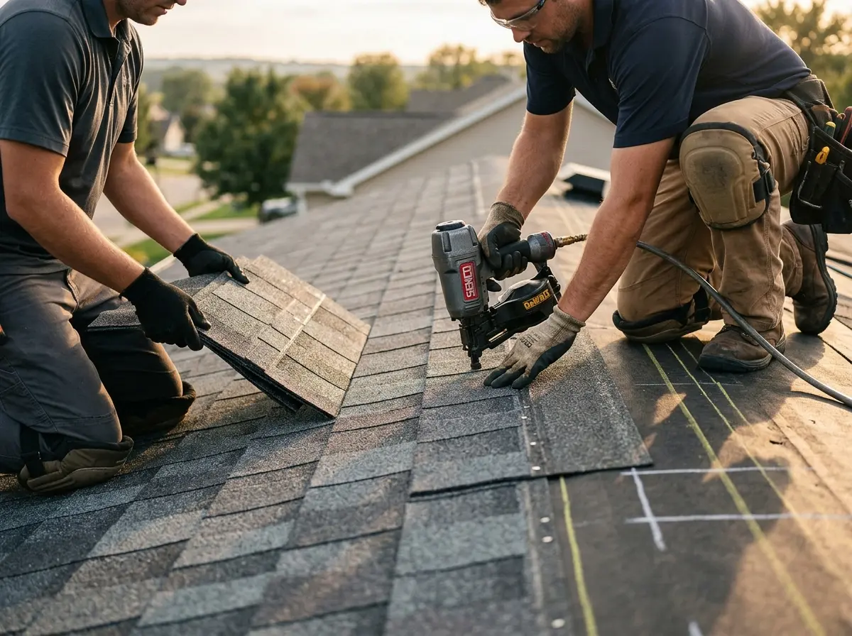 Professional roofer working on a residential roof in Hibbing